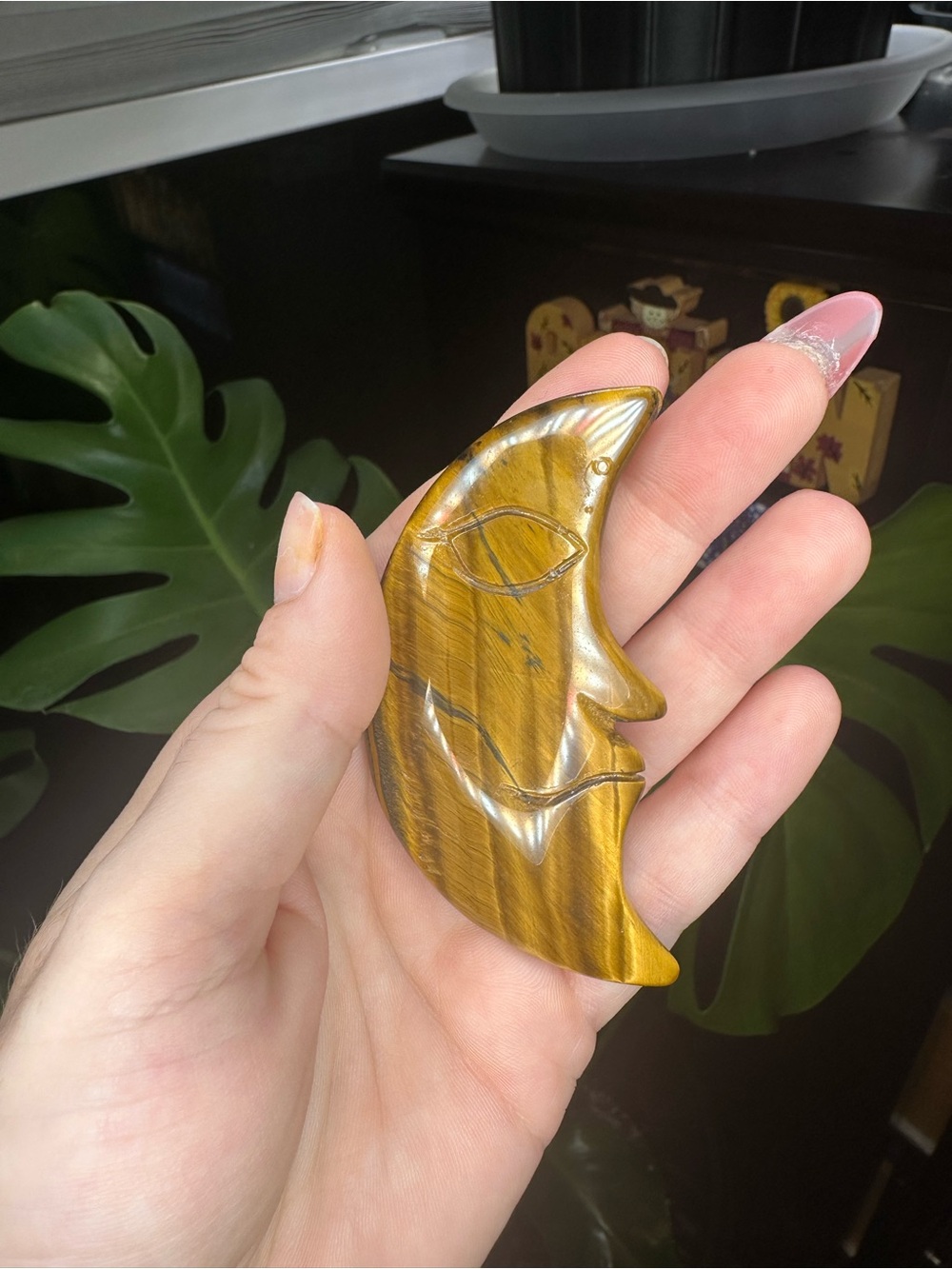 Hand-Carved Tiger Eye Crescent Moon Pendant - Golden Brown